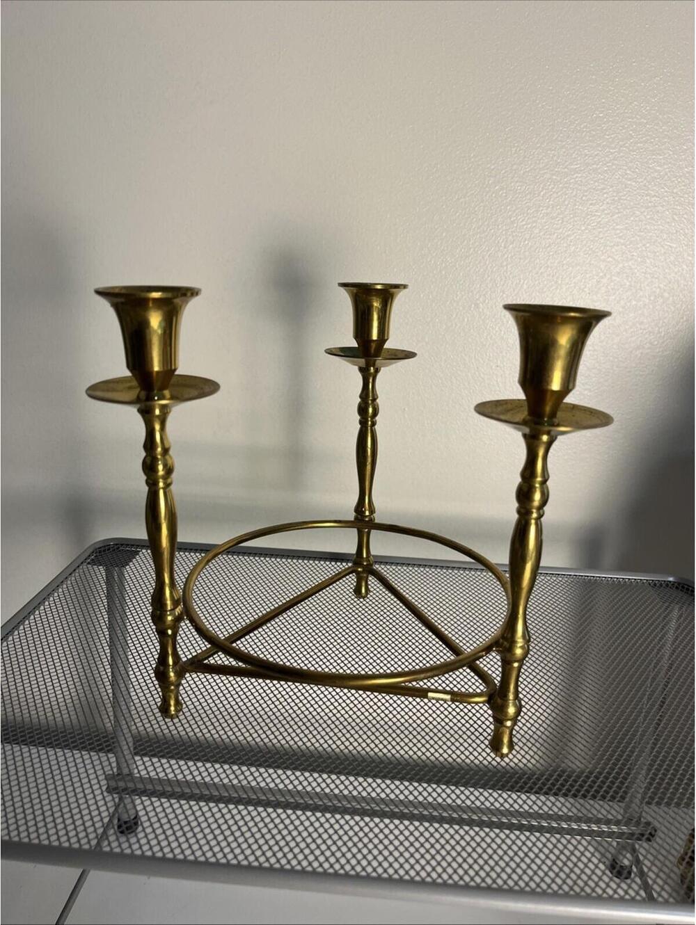 Brass Circular Triple Taper Candle Holder With Natural Patina